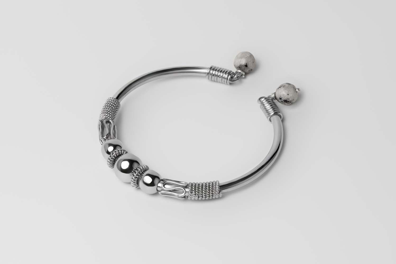 Signature Silver Beads & White Stones Bangle image 1