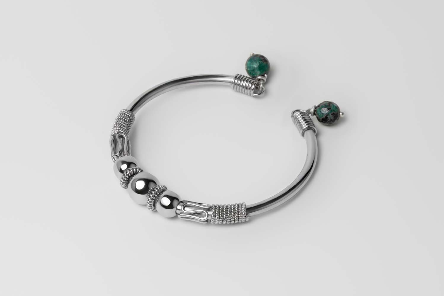 Signature Silver Beads & Green Stones Bangle image 1