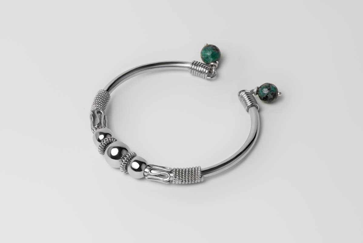 Signature Silver Beads & Green Stones Bangle