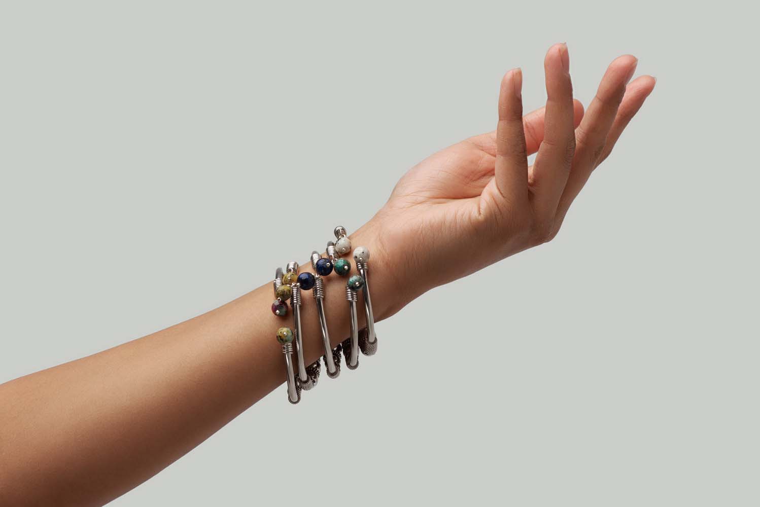 Signature Silver Beads & Multicolor Stones Bangle image 2